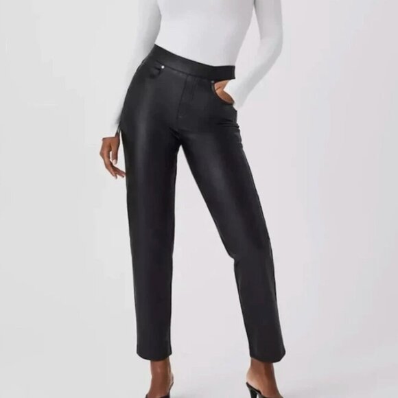 SPANX Pants - Spanx Womens Leather Like Slim Straight Pant Crop Size Small Petite Black NWT